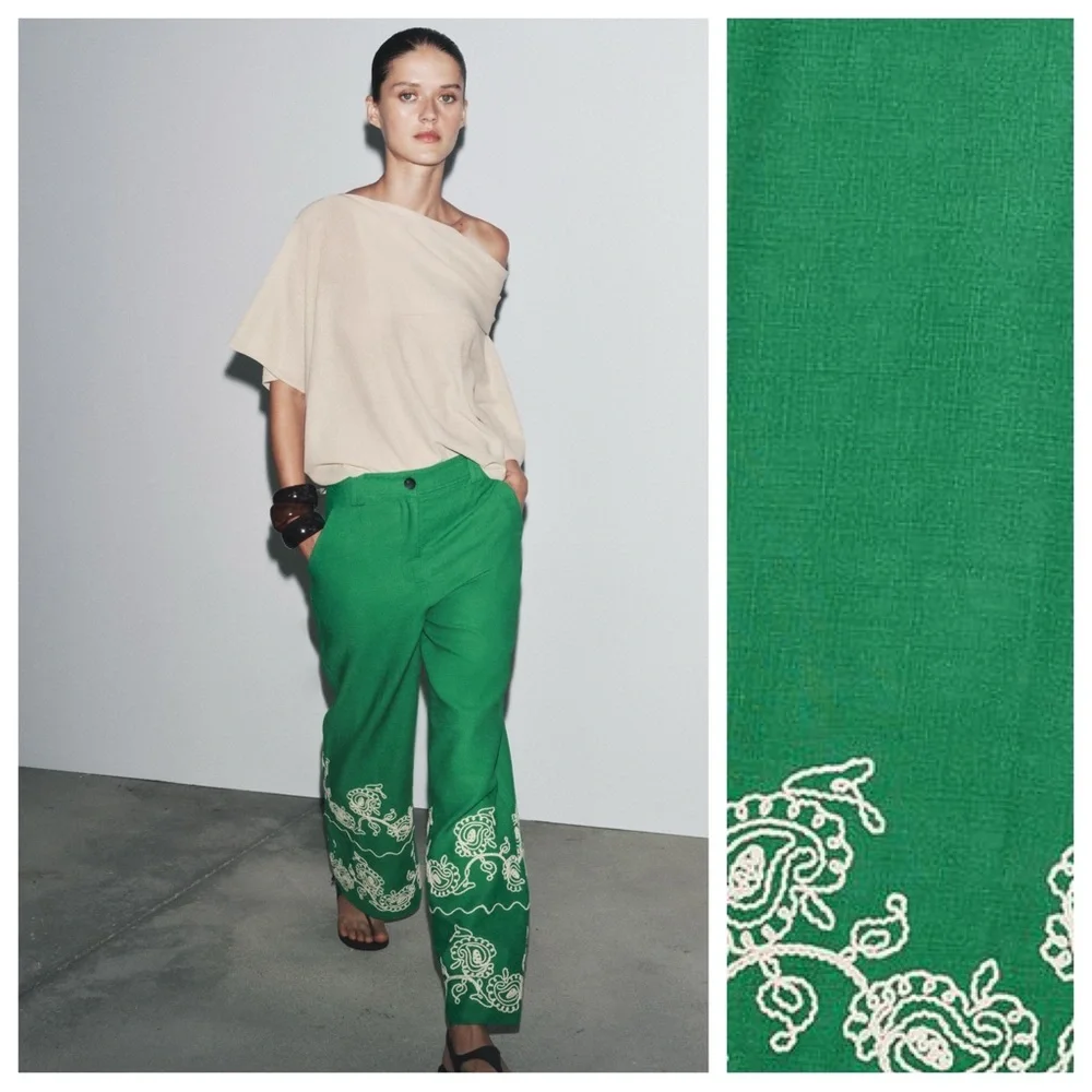 NWT. Zara Green Viscose/Linen Blend Embroidered Trousers. Size M.